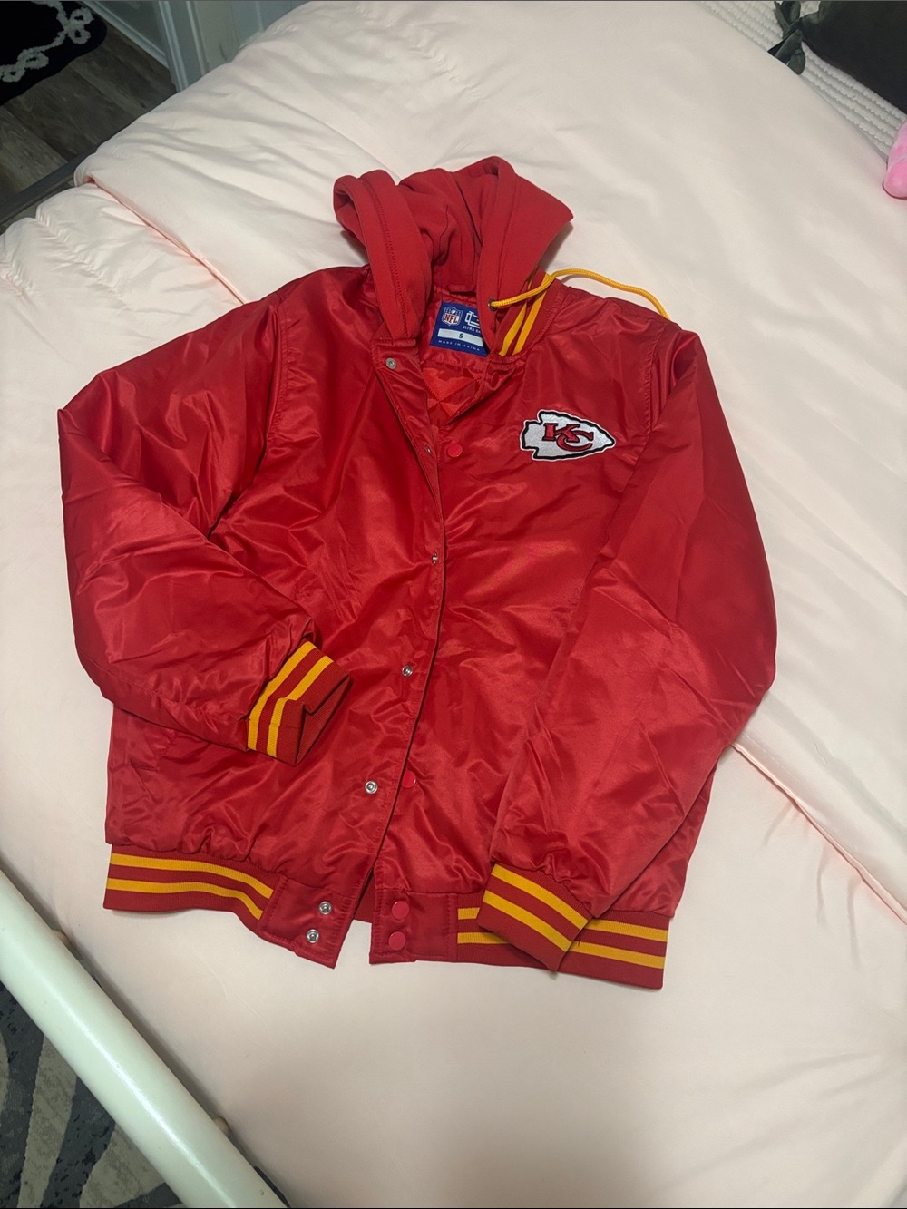 NFL Red Hooded Varsity Jacket with Yellow Stripe Accents